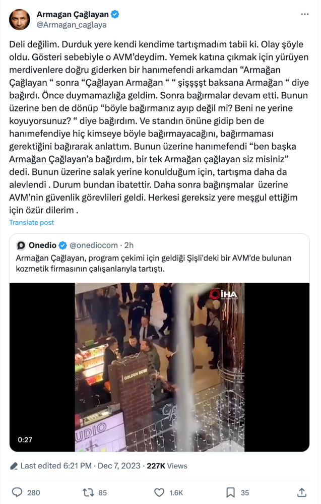 armagan caglayan dan avm deki tartisma goruntuleri ile ilgili aciklama